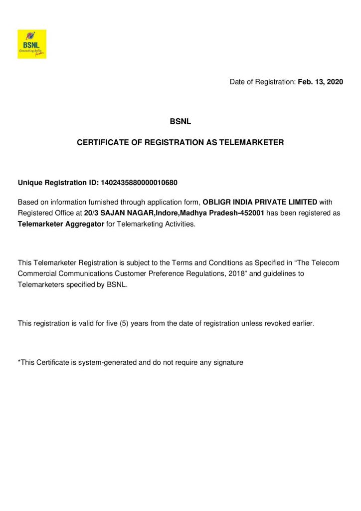 Obligr BSNL TRAI Certificate